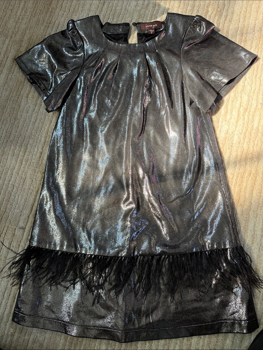 Imoga Shiny Black Metallic Feather Trim Dress
